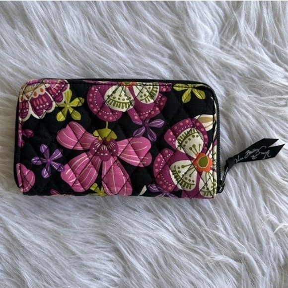 Vera Bradley Wallet Coin Purse Quilted Floral Zip Around Black Pink Green Zip - Picture 4 of 12